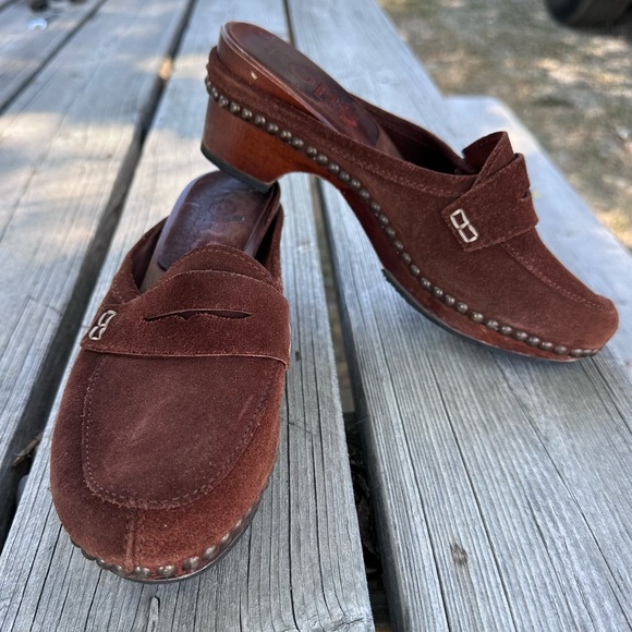 Michael Kors Shoes - Women’s Brown Clogs / Mule Shoes Size 7 Suede Studded Wood Heels Made in Italy